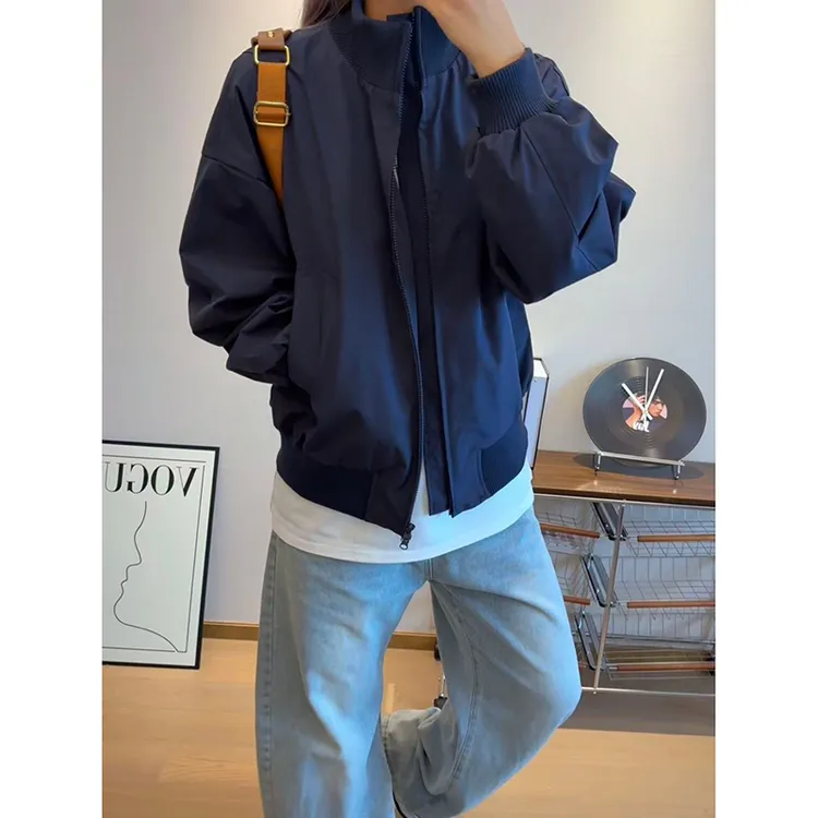藏青色cleanfit短款工装夹克男秋冬季潮牌立领棒球服美式飞行外套