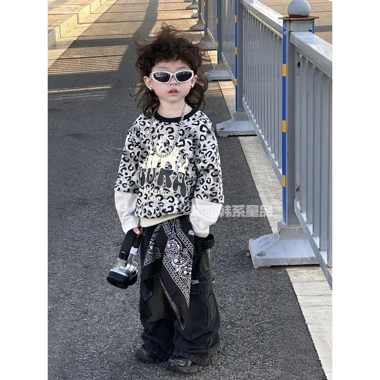 男童套装儿童春秋款豹纹卫衣2025韩版新款工装牛仔长裤两件套FY