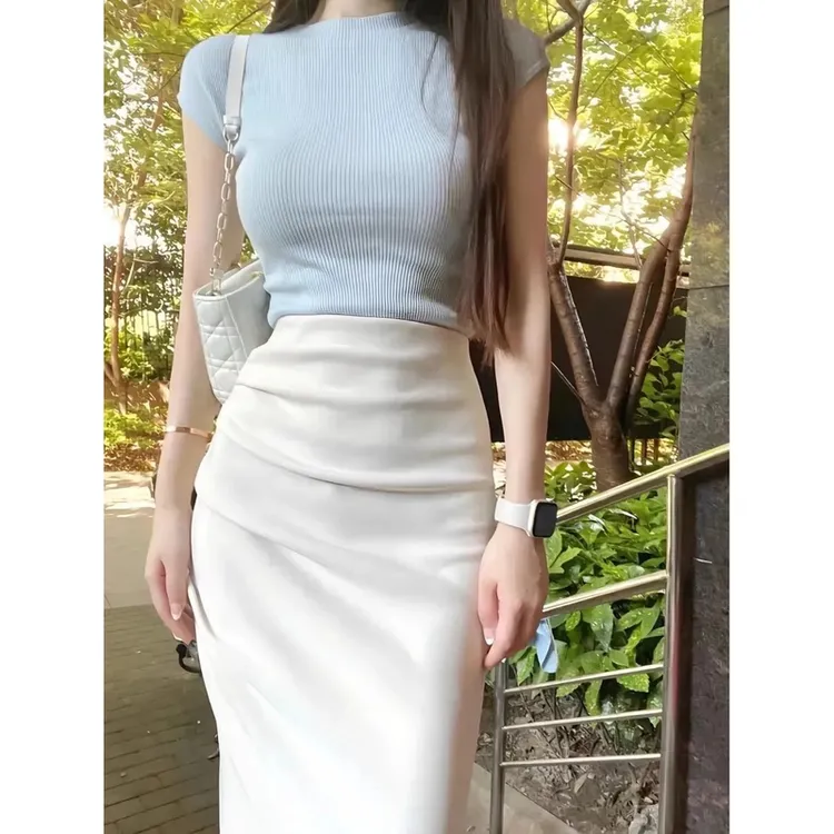 网红盐系穿搭轻熟御姐气质小香风蓝色T恤+包臀半身裙两件套装夏季