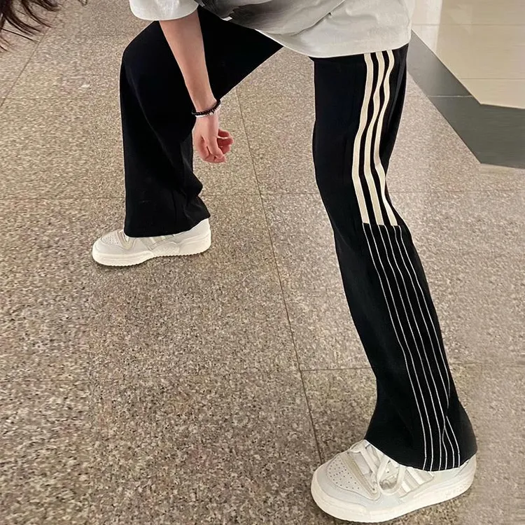 美式条纹运动裤女夏季薄款2025新款高腰阔腿宽松小个子休闲卫裤子