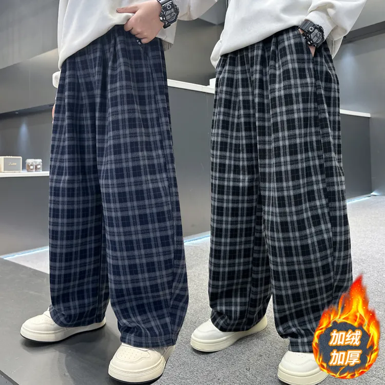 男童秋冬装裤子2025新款中大童加绒加厚儿童休闲格子阔腿裤一体绒