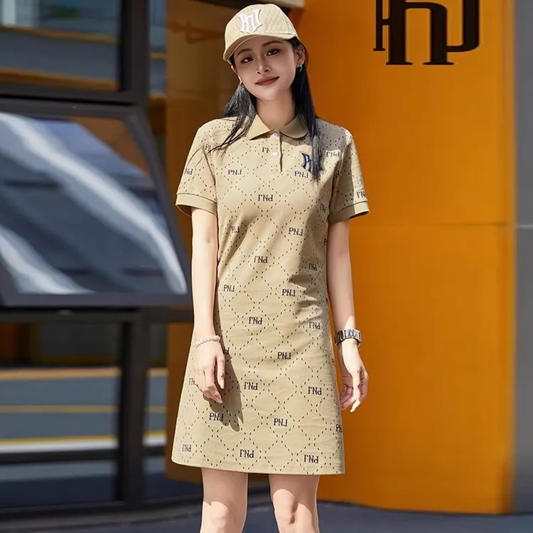 休闲运动短袖连衣裙女2025夏季新款洋气显瘦中长款POLO领印花裙子