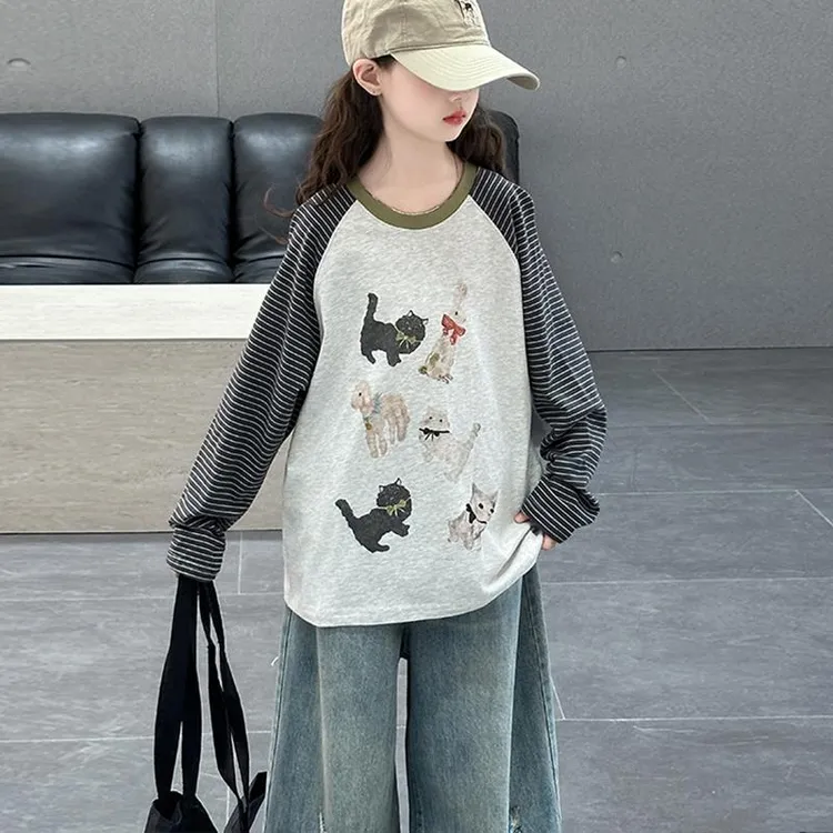 女童长袖t恤春装2025新款大童女孩韩系上衣儿童春款洋气时髦衣服