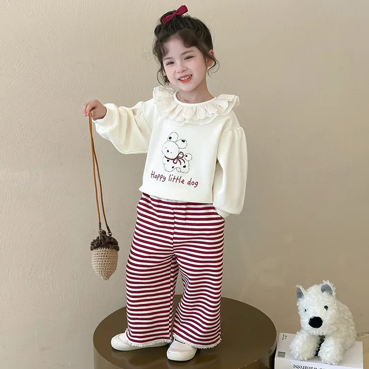 女童花边领套装洋气春秋款甜美女宝宝卫衣阔腿裤两件套时髦儿童潮