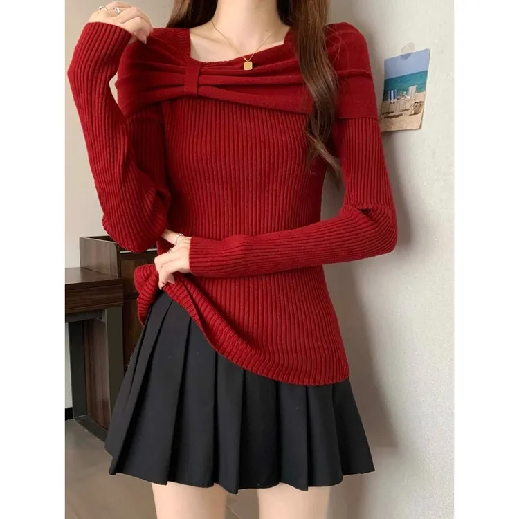 法式一字领蝴蝶结长袖针织衫女显瘦上衣温柔气质显瘦毛衣G9-36