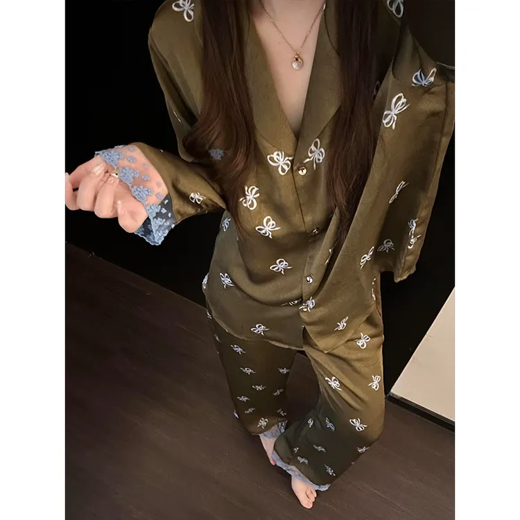 法式甜美休闲蝴蝶结花边睡衣女秋季新款长袖长裤可外穿家居服套装