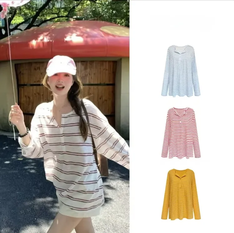 韩系慵懒风半开领条纹长袖t恤女夏日2025宽松防晒正肩休闲上衣