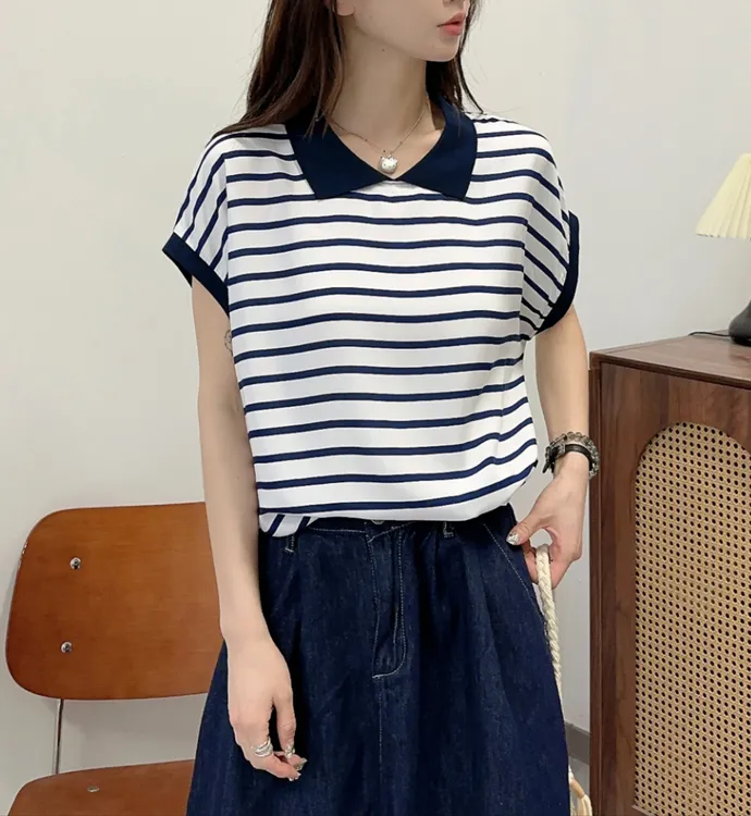 夏季新款经典撞色POLO衫人造棉青岛棉绸翻领减龄小飞袖820百搭