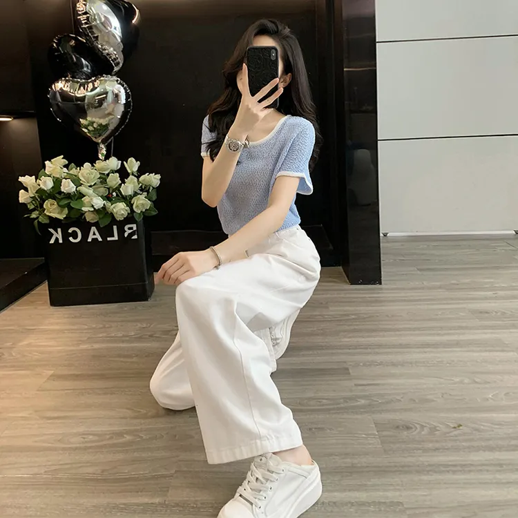 镂空短袖T恤女夏季法式冰丝针织上衣小个子白色阔腿牛仔裤直筒裤