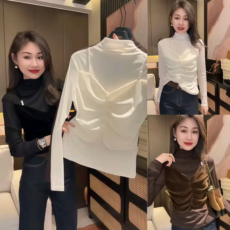 2025洋气百搭显瘦女抗皱拼接欧式高领秋冬褶皱长袖半高领气质T恤