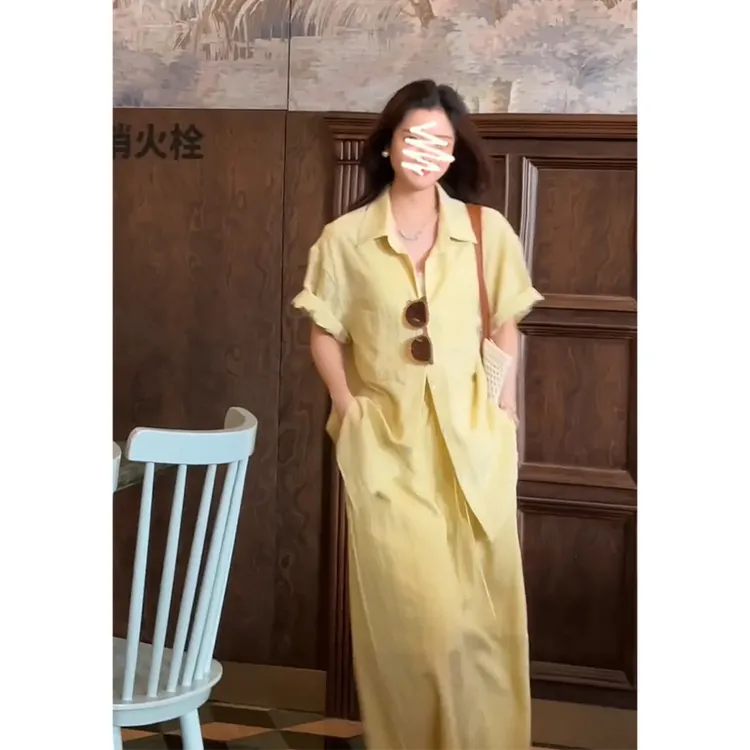 2025夏季新款女法式气质休闲时尚翻领短袖衬衫高腰简约直筒半身裙