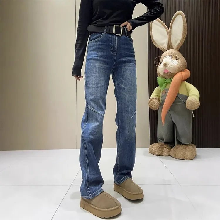 大码加绒窄版直筒牛仔裤女2025年秋冬加厚拖地裤子显瘦宽松阔腿裤