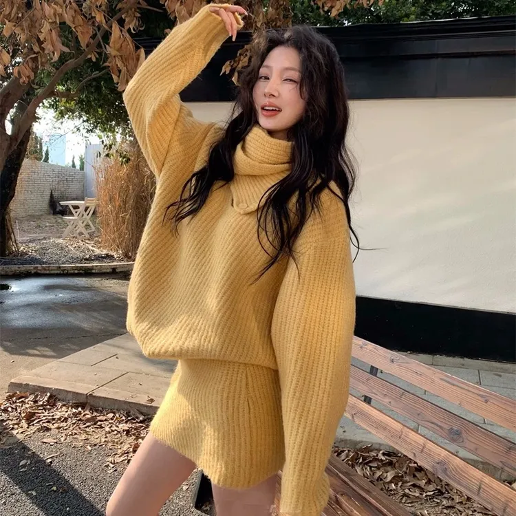 FRVXO秋冬宽松慵懒风长袖套装围脖v领针织衫上衣百搭短款新年战袍