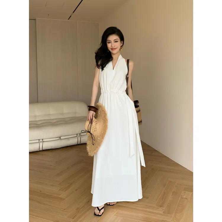 JIJINQI时尚气质法式收腰设计师款夏季无袖白色连衣裙JD01LZPT839