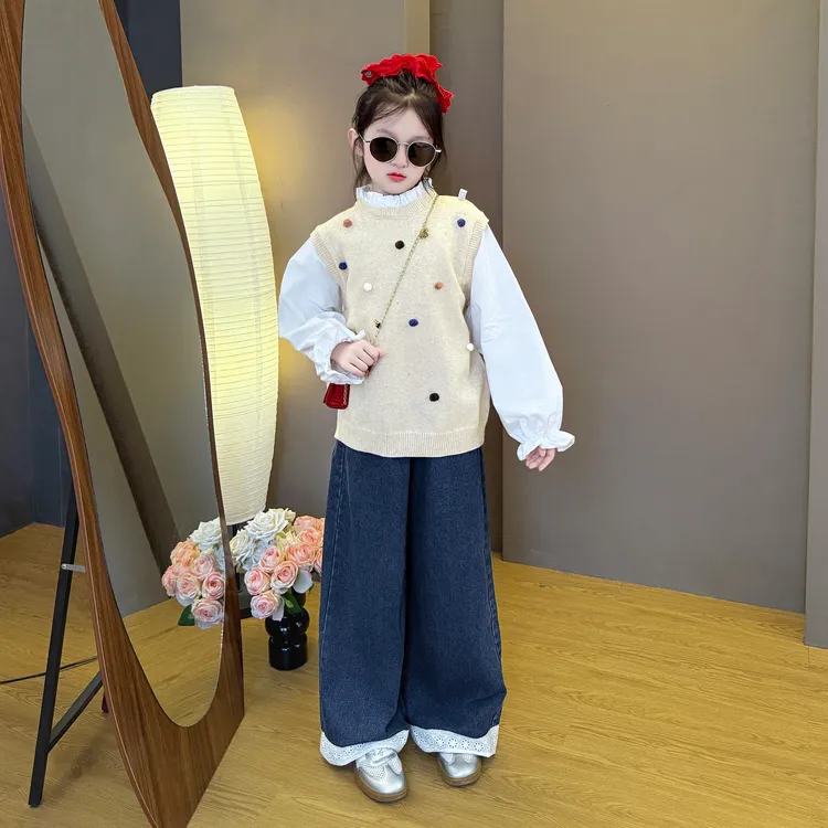 女童2025新款儿童甜美假两件毛衣长袖时髦春秋装阔腿牛仔裤套装潮