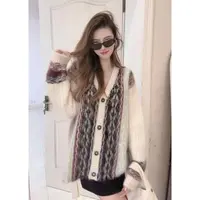 【100山羊绒】拉绒工艺250460-慵懒风时尚拼色V领单排扣针织外套