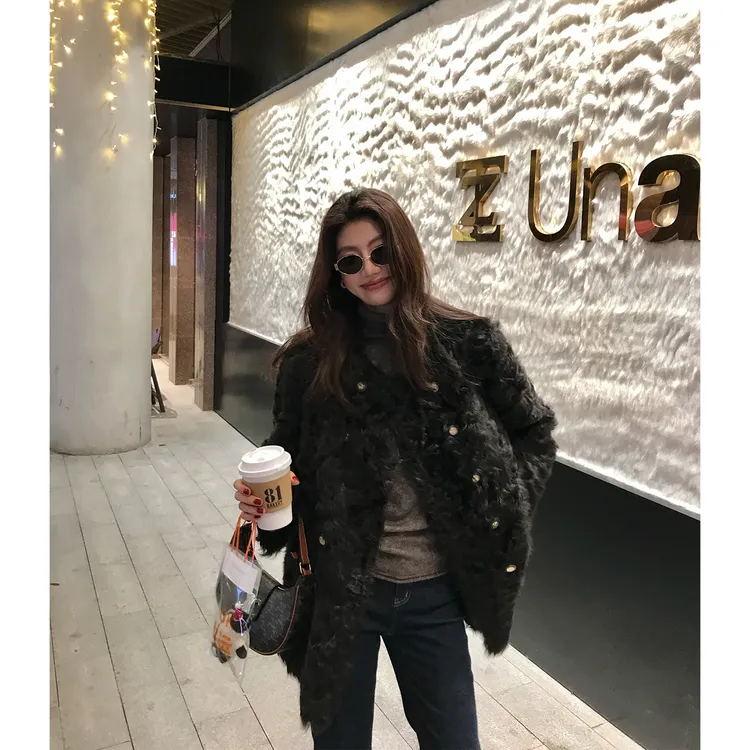 【ALONE SAVOR】龍喜儿黑翼天使 秋冬奢华小胡羊外套皮草V131