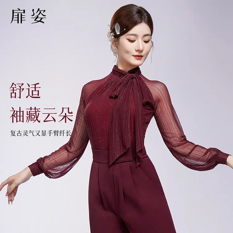 扉姿 摩登舞上衣女新款长袖绑带跳舞衣洋气国标舞拉丁练功服F1342