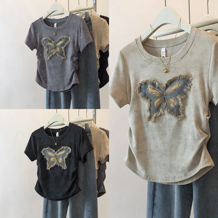 【伊琳儿】女神V领短袖T恤正肩短袖女显瘦蝴蝶扎染复古褶皱收腰短款