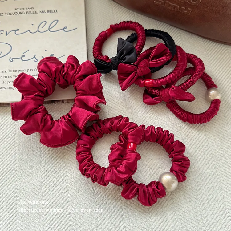 高品质缎面褶皱大肠发圈女新年红色系扎头绳发绳高弹力耐用橡皮筋