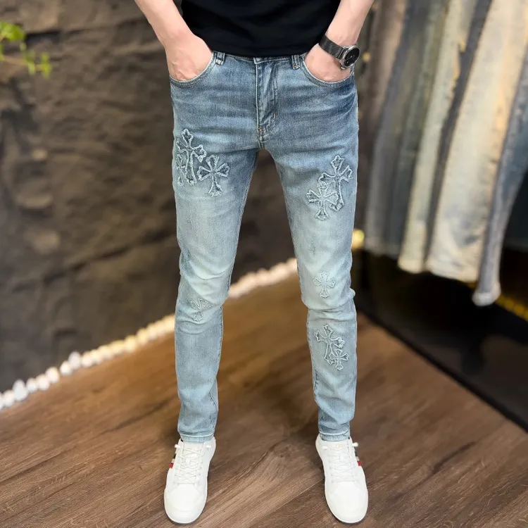 【轻奢高定】夏季薄款柔软男士潮流牛仔裤复古补丁百搭修身弹力小脚