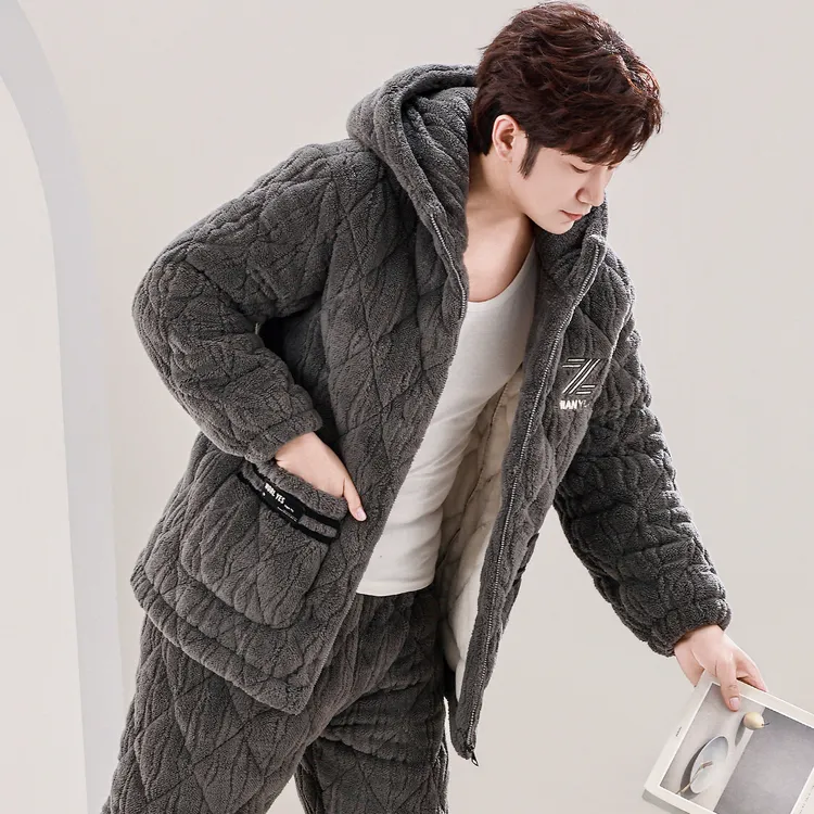 冬季男士睡衣冬季三层夹棉加绒加厚款可外穿男款珊瑚绒家居服套装