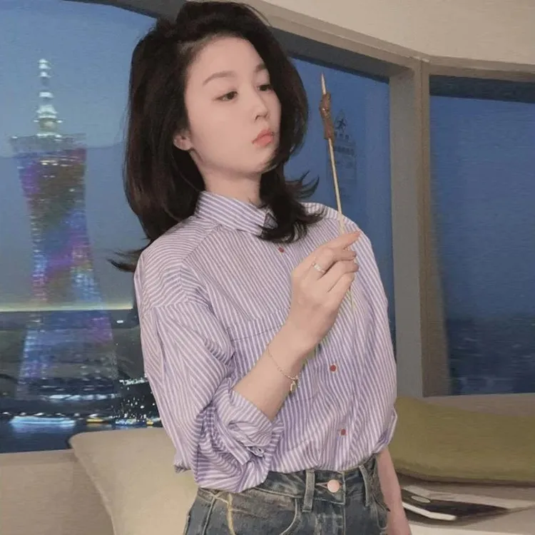 法式时尚条纹POLO领长袖衬衫女款2025春季慵懒风衬衣气质显瘦上衣