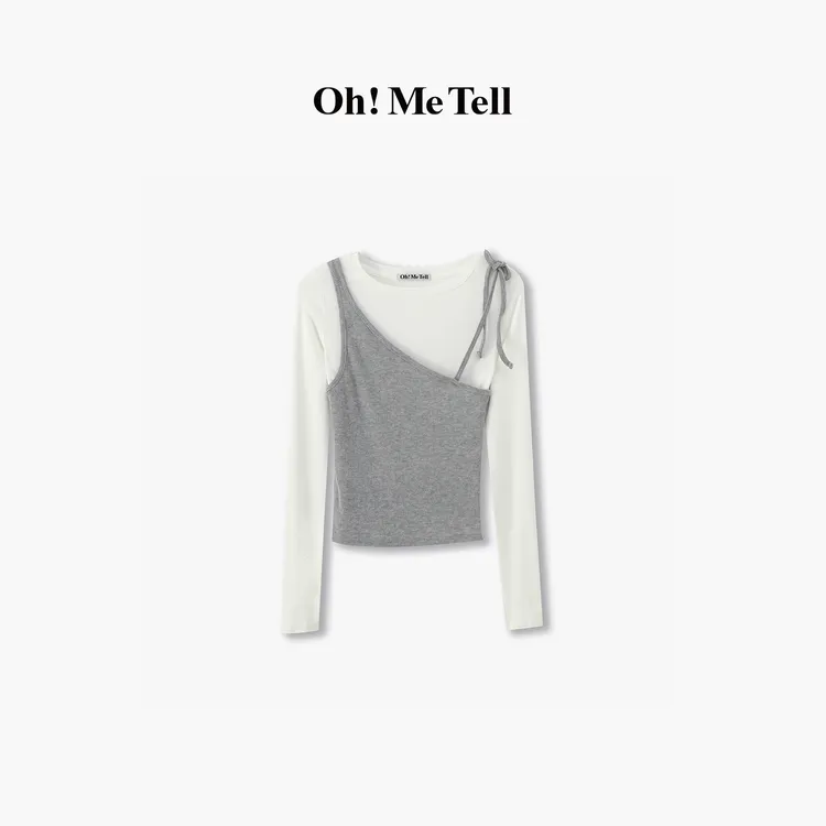 Oh！Me Tell【超韩~】软糯舒适撞色拼接假两件系带修身长袖T恤女    
