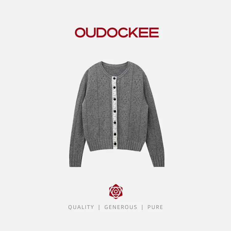 OUDOCKEE 鸥鸥【兔毛】芝麻 灰色蕾丝拼接百搭针织开衫 MACX651T