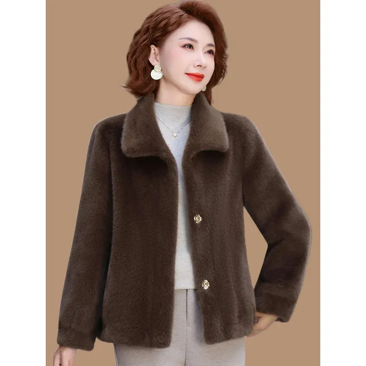 皮尔卡丹中年妈妈秋冬短款水貂绒厚外套新款中老年女冬装洋气皮毛