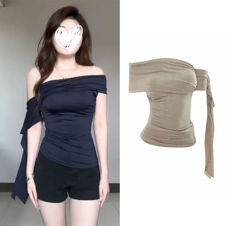 2025年夏季性感抹胸外穿露背斜肩褶皱辣妹打底修身显瘦纯欲女上衣