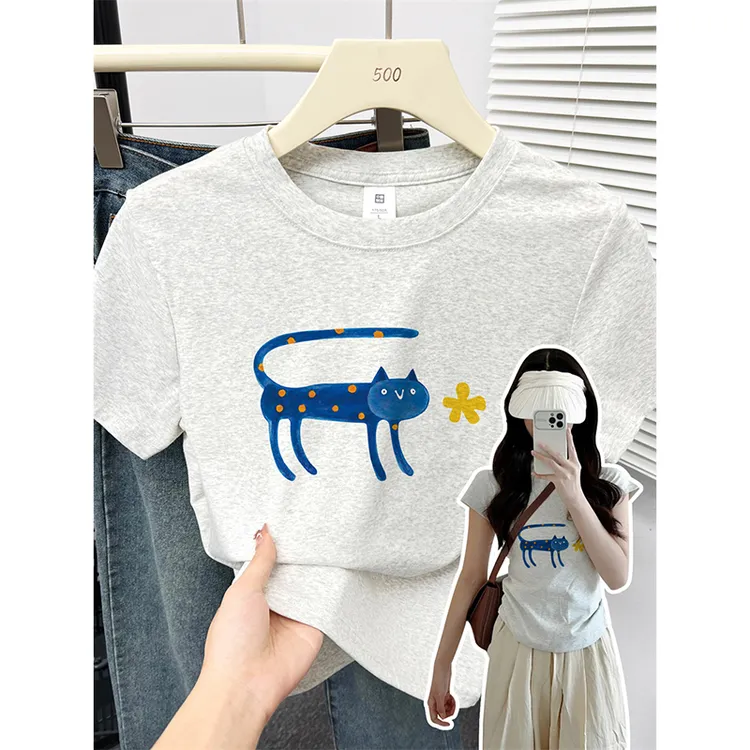 修身春夏高弹力上衣服韩系百搭呆萌猫咪正肩显瘦重磅短袖t恤女装