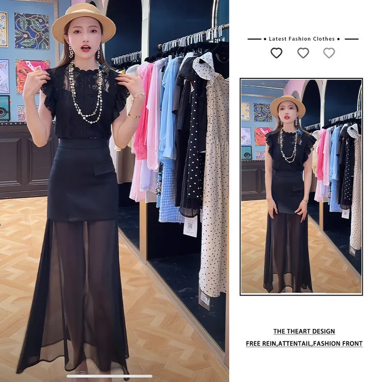 【浅浅专属】夏季穿搭套装女时尚镂空蕾丝上衣气质显瘦半身裙两件套