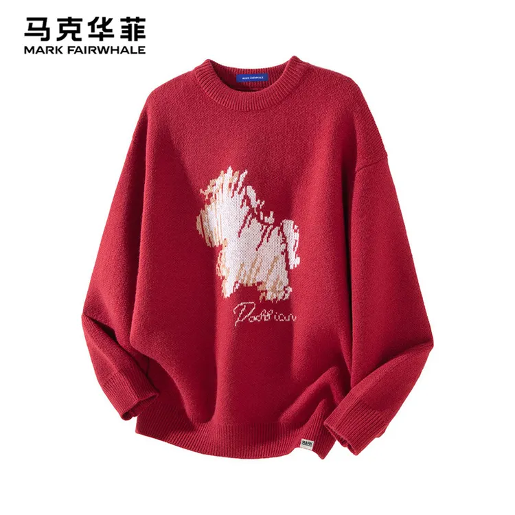 马克华菲2025秋冬季男士宽松圆领红色毛衣加厚保暖内搭打底衫男款