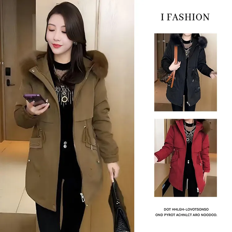 时尚洋气连帽派克外套女2025年冬季新款小个子毛领保暖中长款棉服