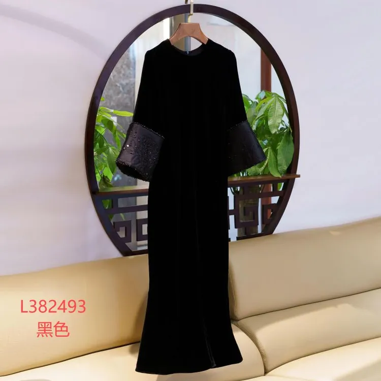 【锦·系】真丝绒新中式国风桑蚕丝袖口撞色圆领八分袖连衣裙 382493