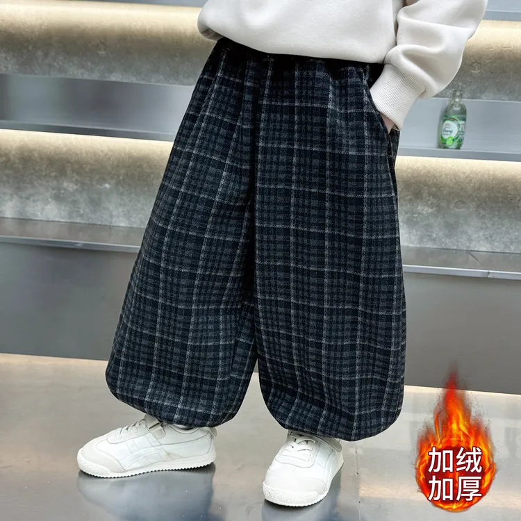 男童加绒裤子2025新款小男孩休闲裤儿童加厚格子裤宝宝冬装长裤潮