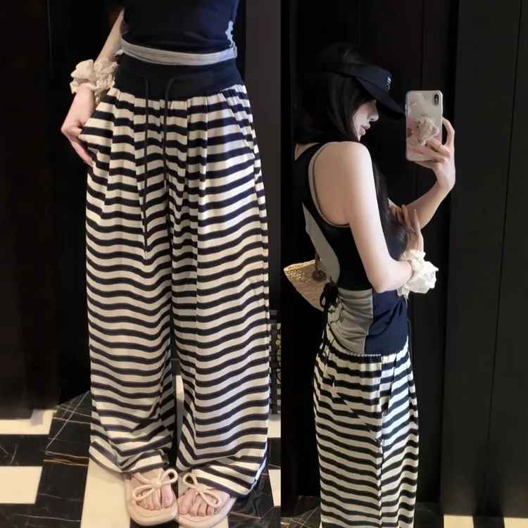 藏青条纹休闲运动裤子女2025秋季新品高腰宽松显瘦垂感阔腿裤ins