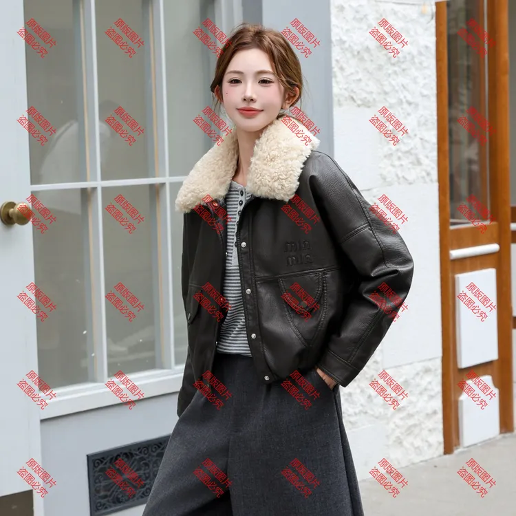 2025秋冬加绒美式复古烫字皮衣外套女时尚酷飒风夹克8889