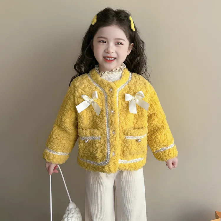 女童冬装洋气蝴蝶结小香风外套2025新款儿童韩版女宝宝时尚毛毛衣