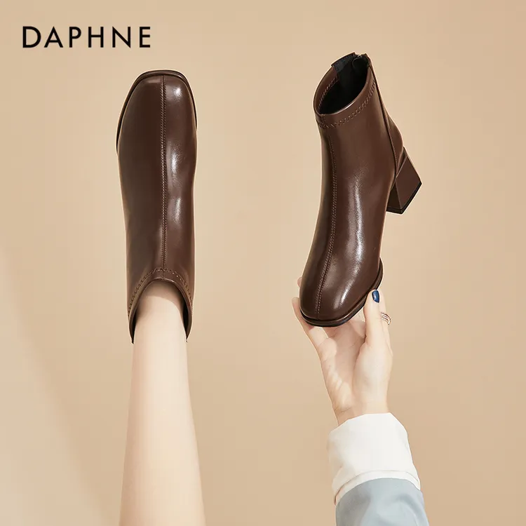达芙妮真皮马丁短靴女鞋2025高跟显秀气春秋单靴法式裸靴瘦瘦靴子