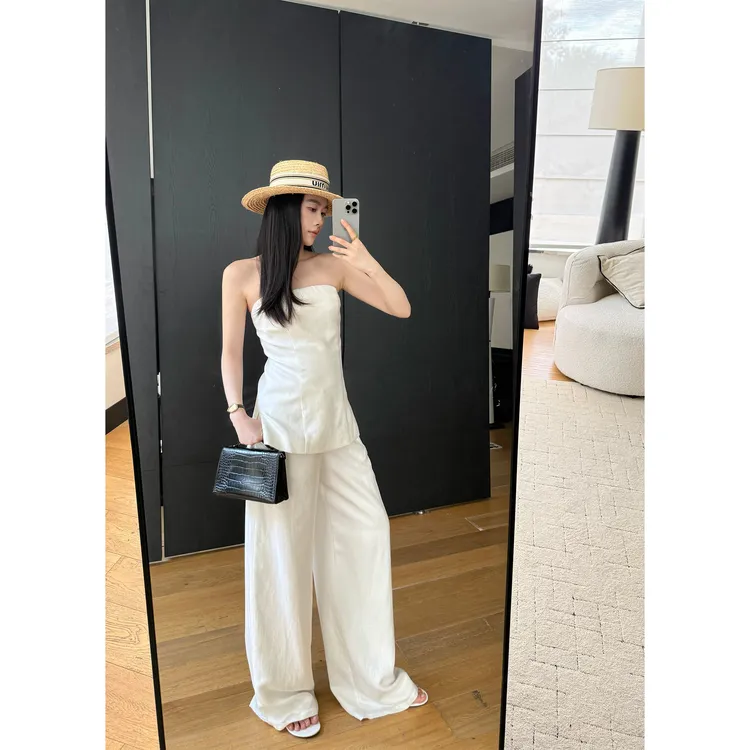 周淼【智性韵律】莱赛尔收腰抹胸 垂感阔腿裤亚麻套装女ZM25G8762Z