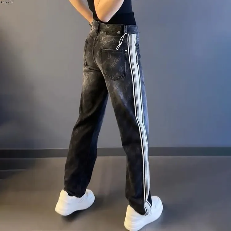 男装休闲宽松长裤痞帅织带潮牌大码直筒男士牛仔裤轻奢新款时尚潮