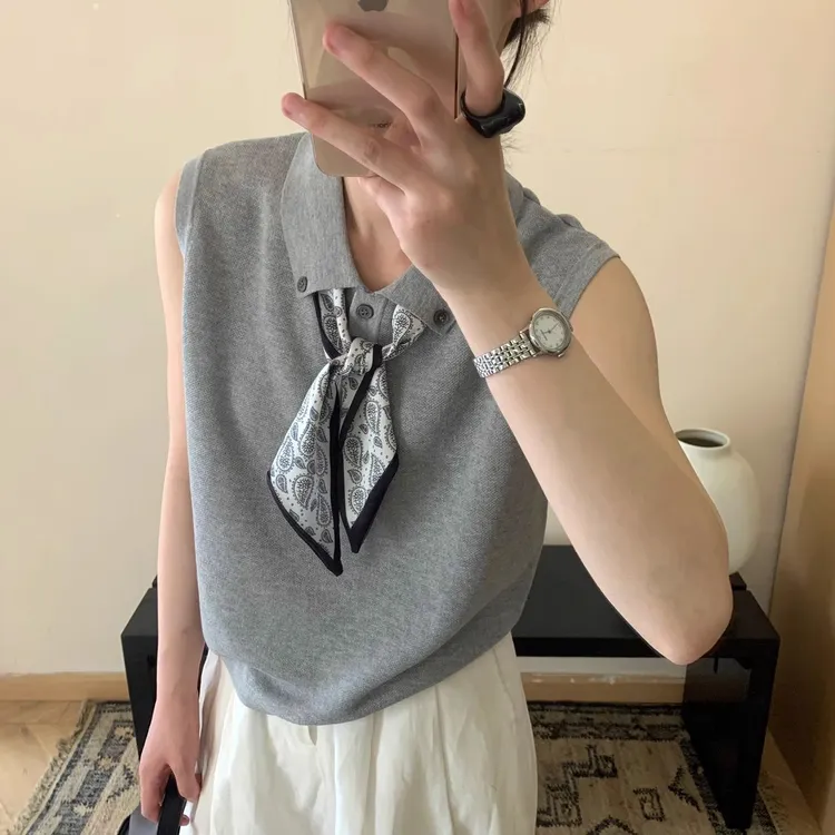 2025夏季新款韩版气质小翻领纽扣配丝巾薄款无袖针织衫上衣女T恤