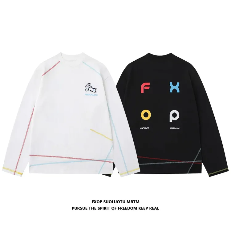FXOP彩色不规则明线设计重工刺绣小狗长袖T恤男女纯棉上衣W186