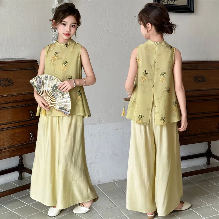 新中式女童国风套装2025新款夏装6-12岁儿童汉服旗袍阔腿裤两件套