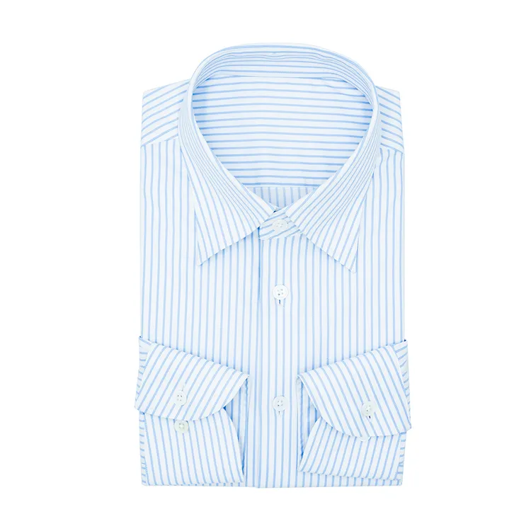 定制款浅蓝条纹衬衫英伦绅装法式扣大尖领抗皱修身衬衣男士长袖