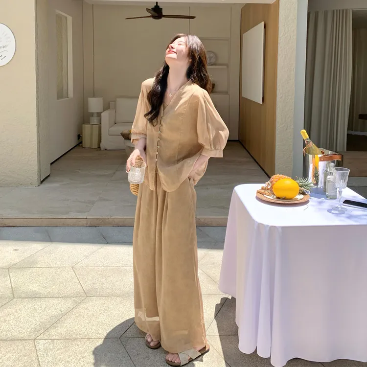 新中式优雅气质套装裤女2025夏季新款复古氛围感极简清冷感两件套