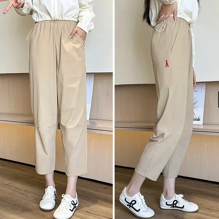 夏季日系薄款冰丝速干哈伦萝卜裤女大码休闲小个子直筒九分运动裤