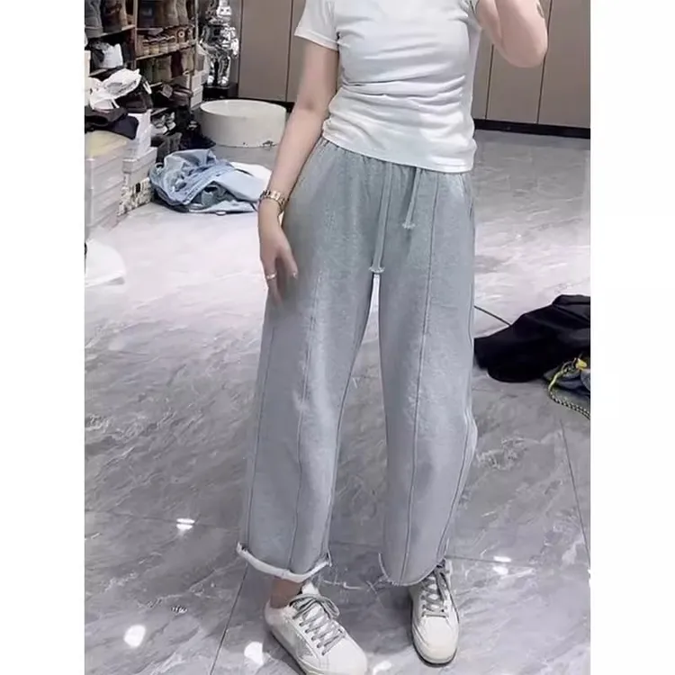 卷毛边九分休闲裤女春夏新款大码梨型身材小个子高腰显瘦百搭卫裤